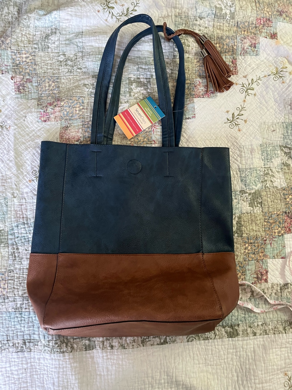 Leather Two-Tone Navy and Cognac Tote Bag with Tassel